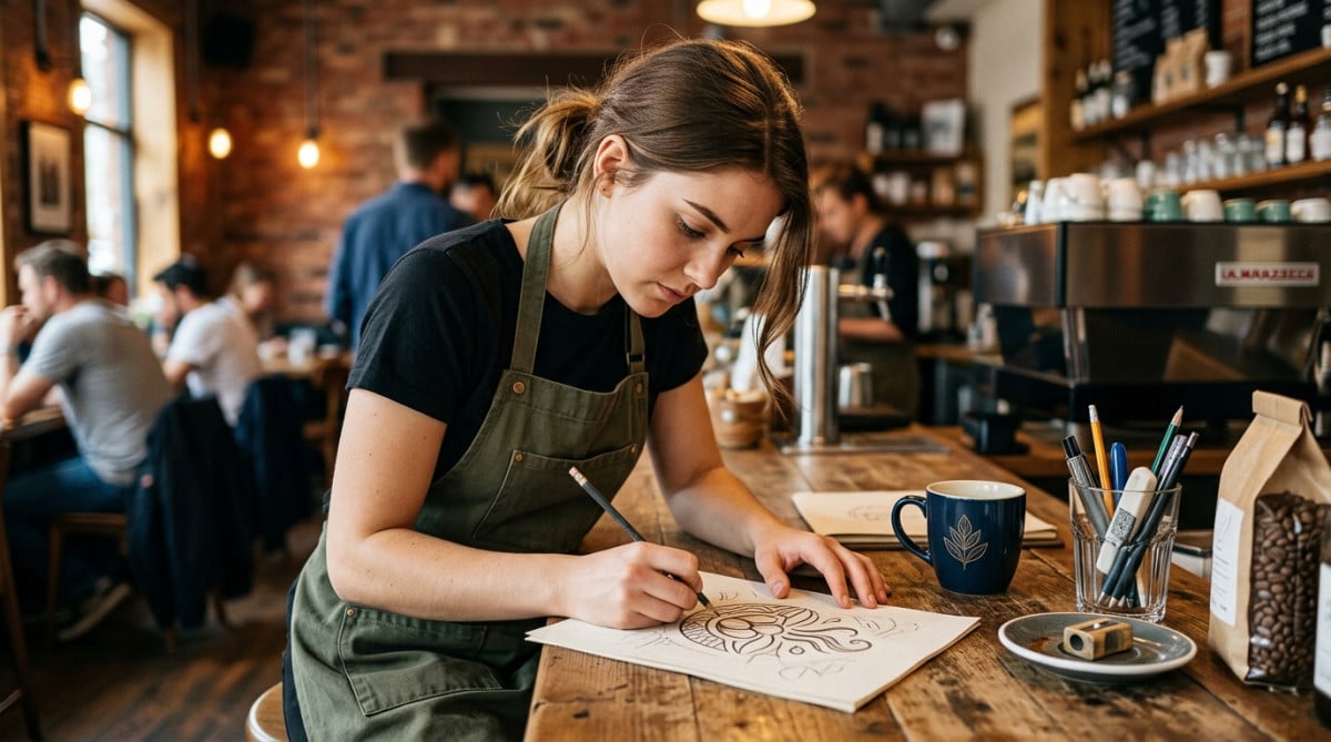 Barista dessinant le logo d'une célèbre enseigne de café