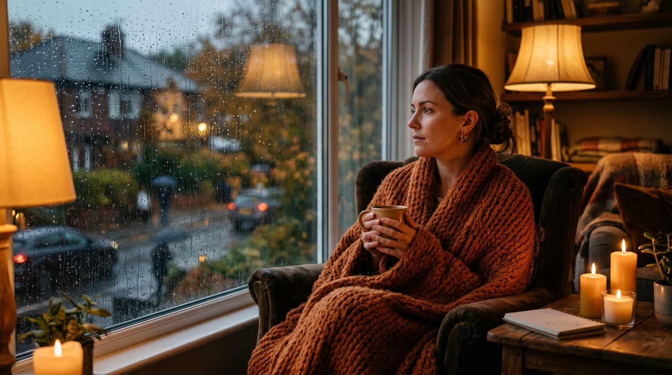 Femme enveloppée dans un plaid près d'une fenêtre