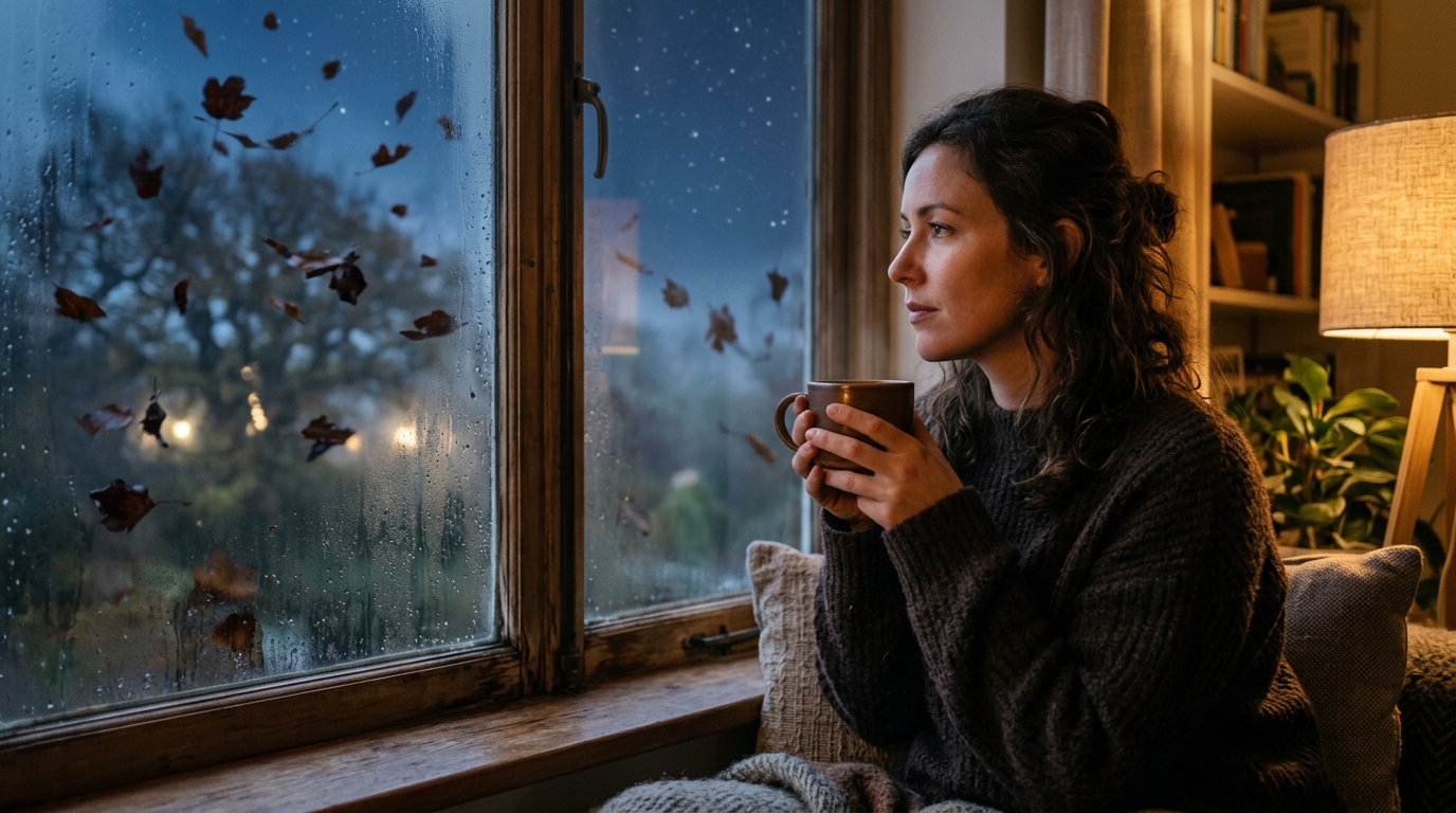 Femme pensive devant une fenêtre embuée d'automne