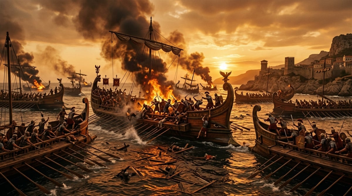 Bataille navale antique d'Actium au coucher du soleil