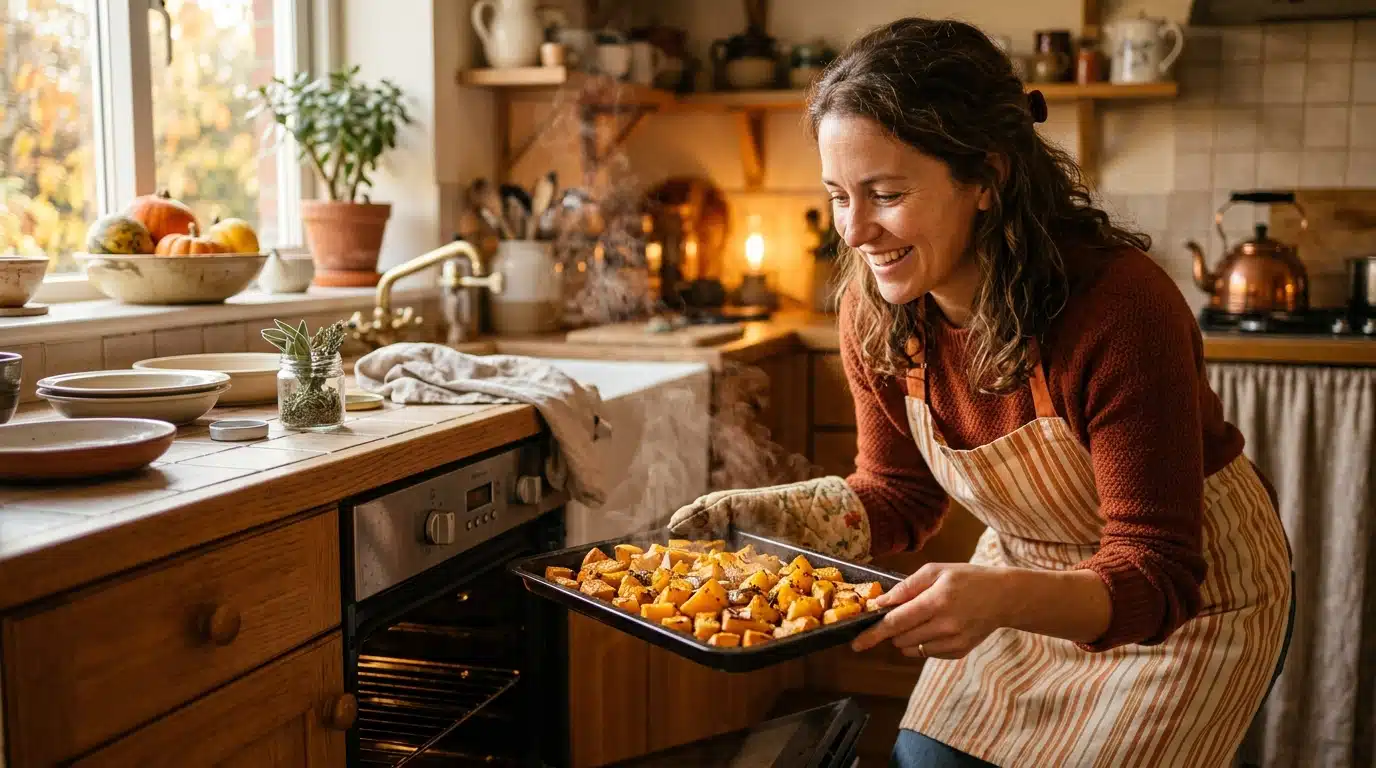 Femme sortant un plat de courge rôtie du four