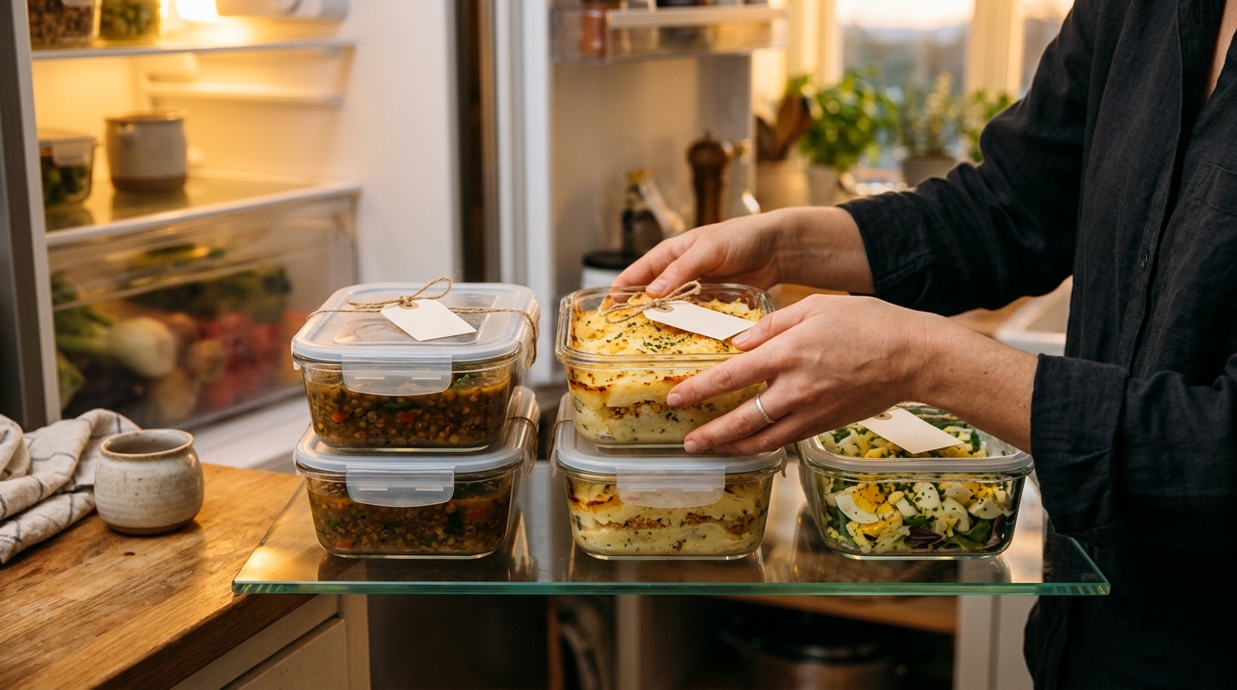 Bocaux de batch cooking rangés dans le frigo