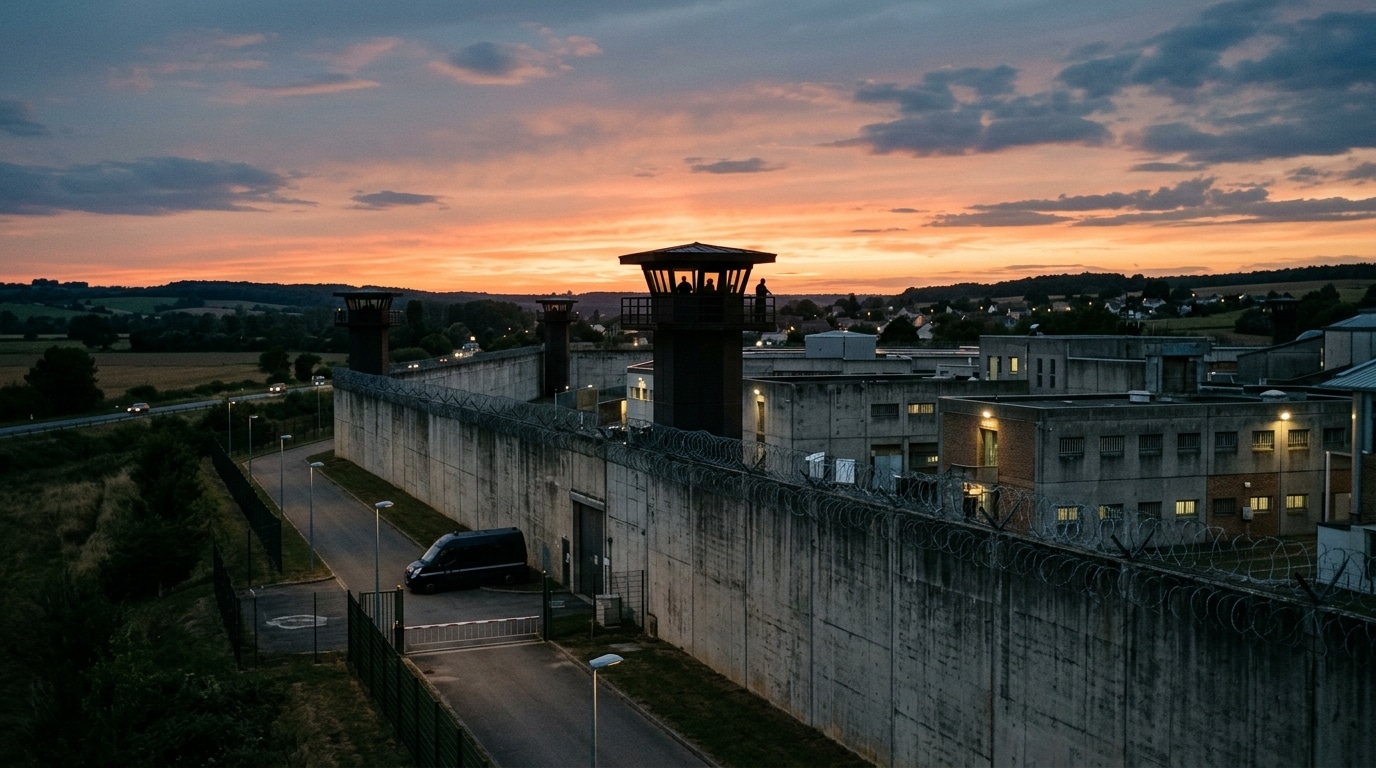 Maison d'arrêt de Seysses vue de l'extérieur au crépuscule