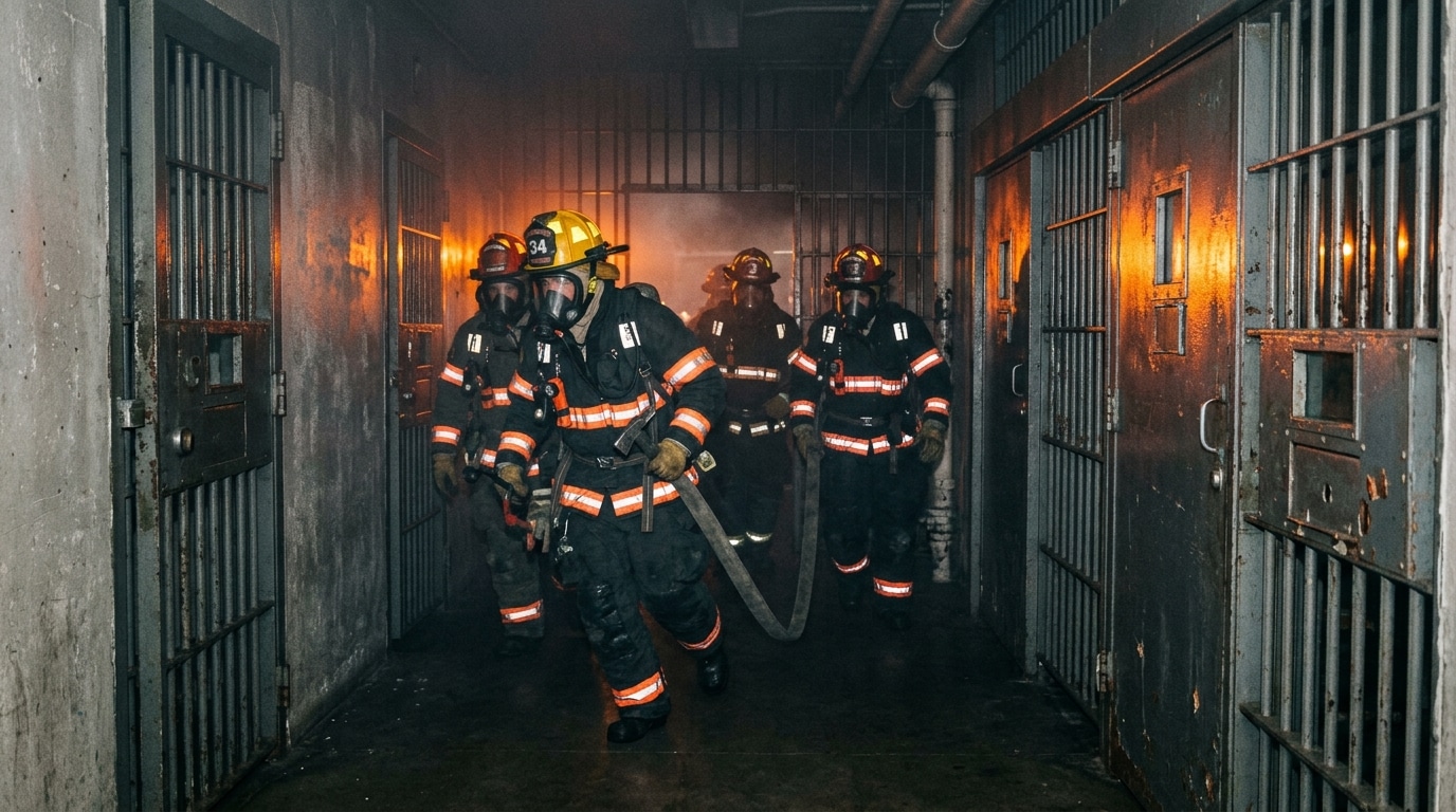Pompiers intervenant dans un couloir de prison enfumé