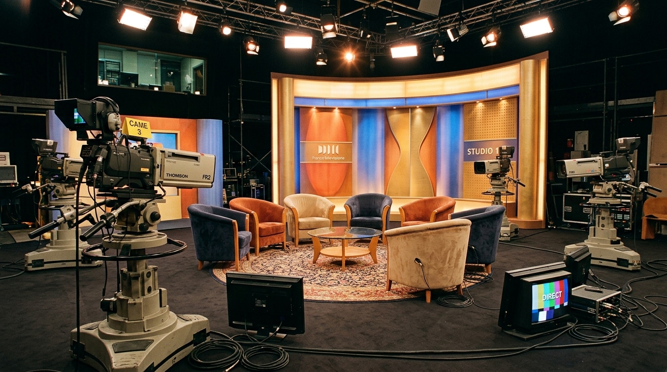 Plateau de télévision vide avec fauteuils et caméras, dans l'esprit des talk-shows des années 2000