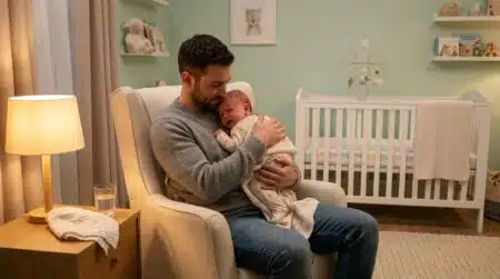 Père berçant son bébé agité dans une chambre harmonieuse le soir