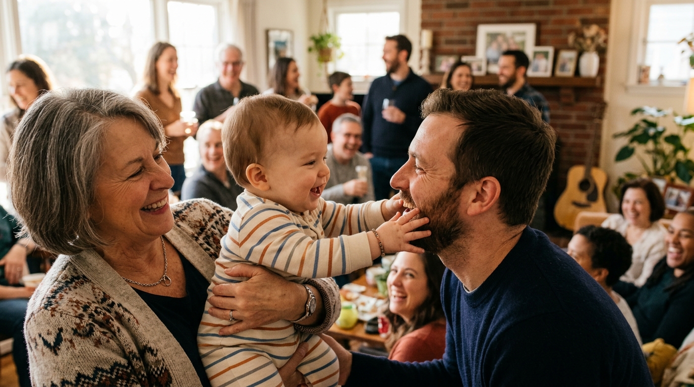 Bébé souriant entouré de sa famille lors d'une réunion conviviale
