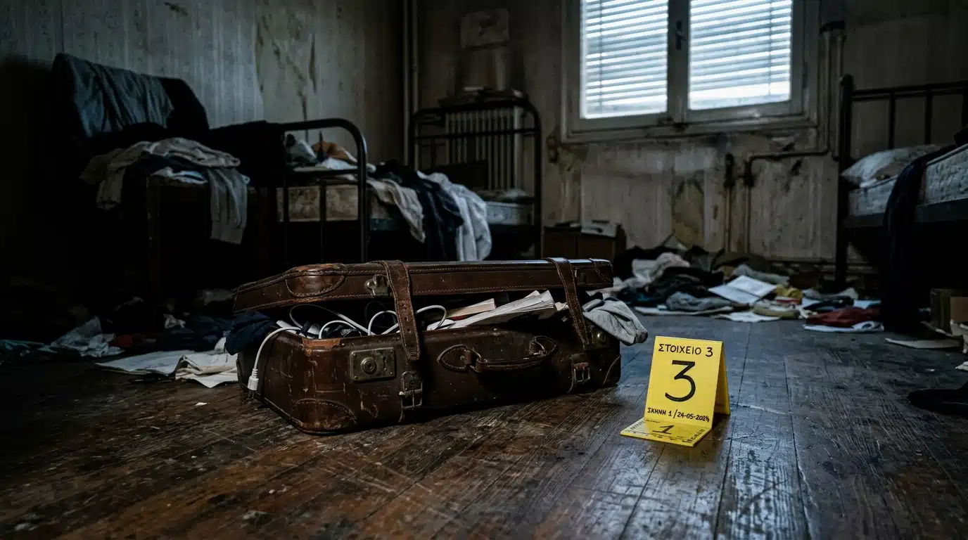 Valise ouverte dans un appartement sombre à Athènes