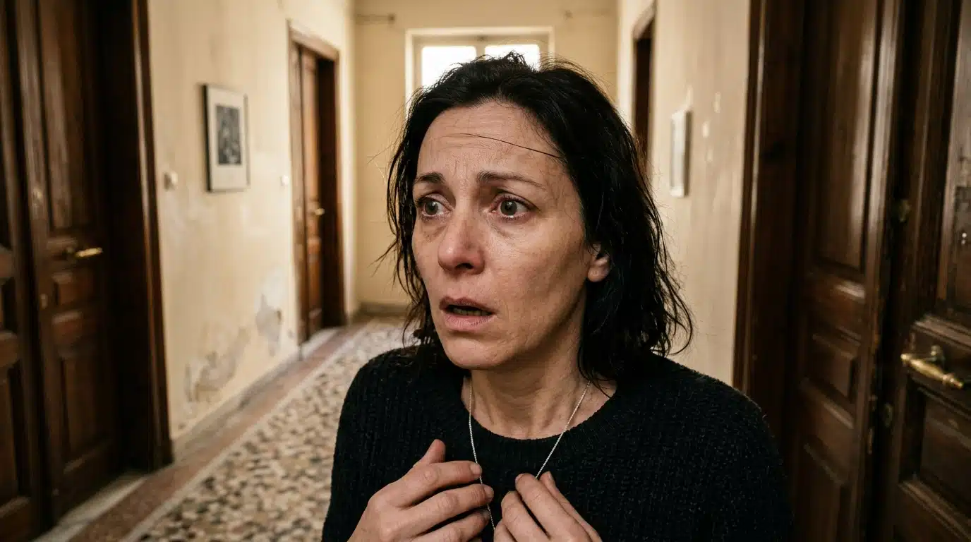 Visage bouleversé d'une femme face à l'horreur découverte
