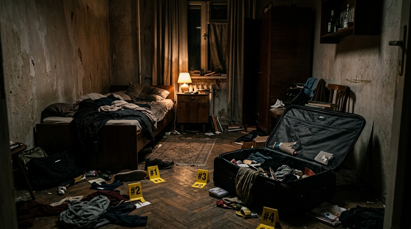 Appartement sombre avec une valise ouverte sur le sol