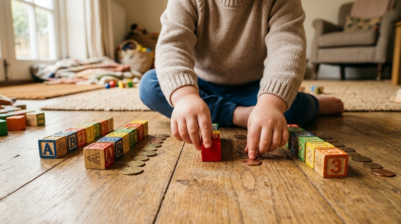 Mains d'enfant rangeant soigneusement jouets et pièces