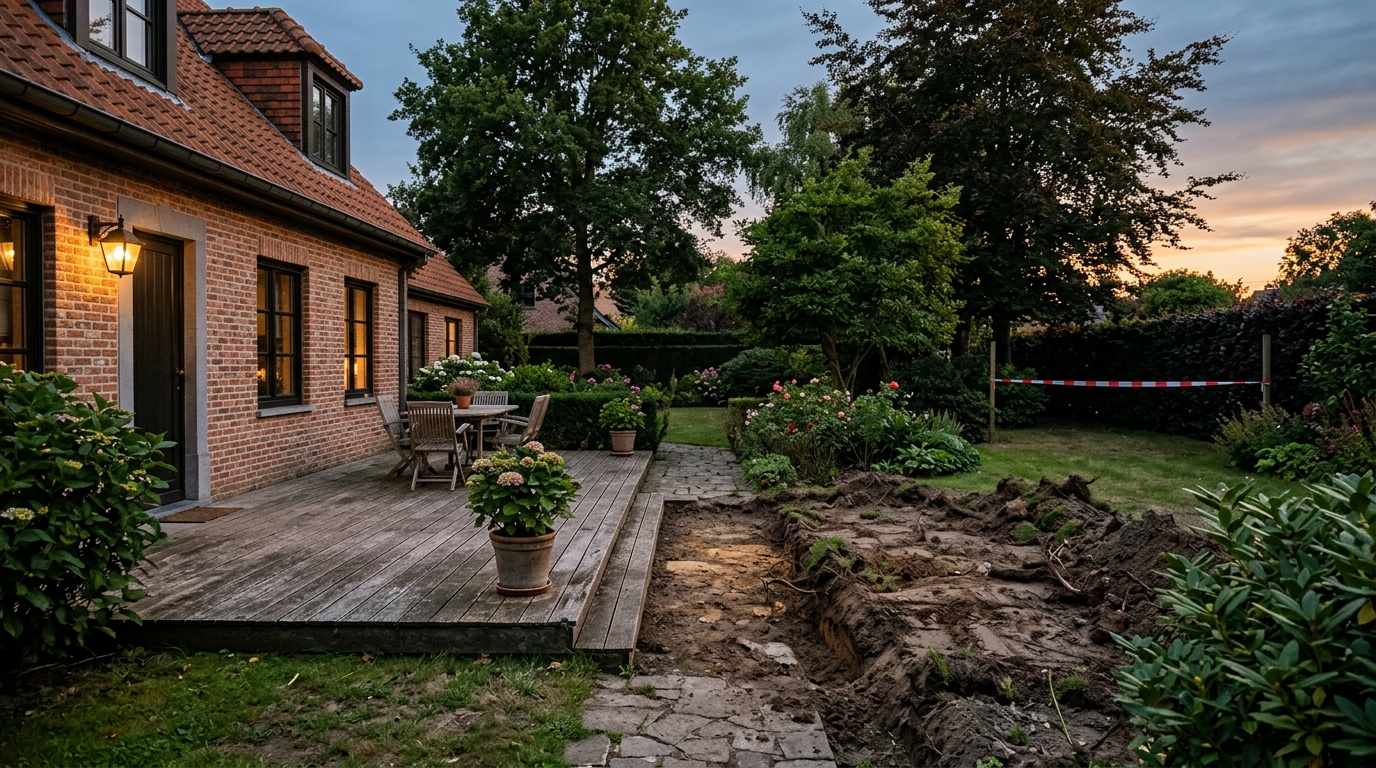 Terrasse de jardin en Belgique avec traces de fouilles