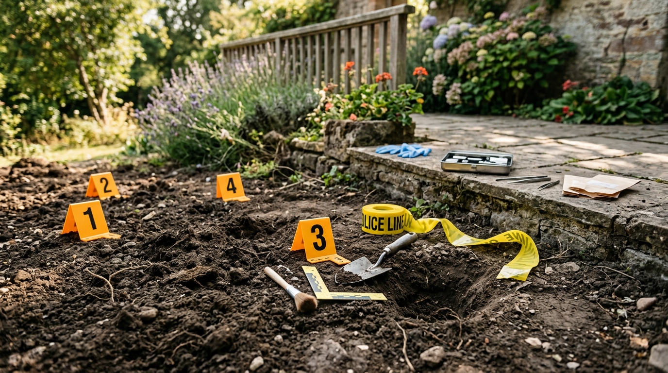 Scène d'investigation policière près d'une terrasse