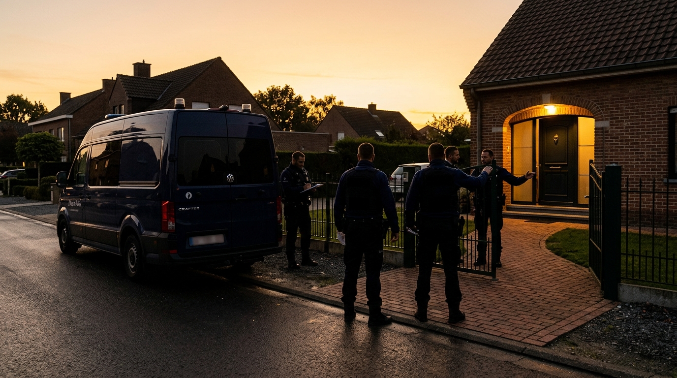 Véhicule de police devant une maison belge au crépuscule