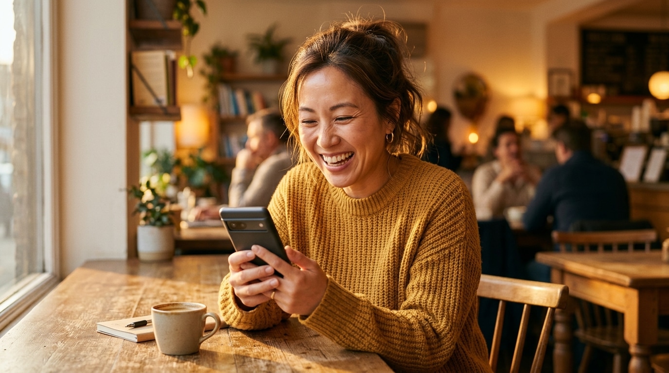 Personne souriante lisant un message porteur de bonnes nouvelles