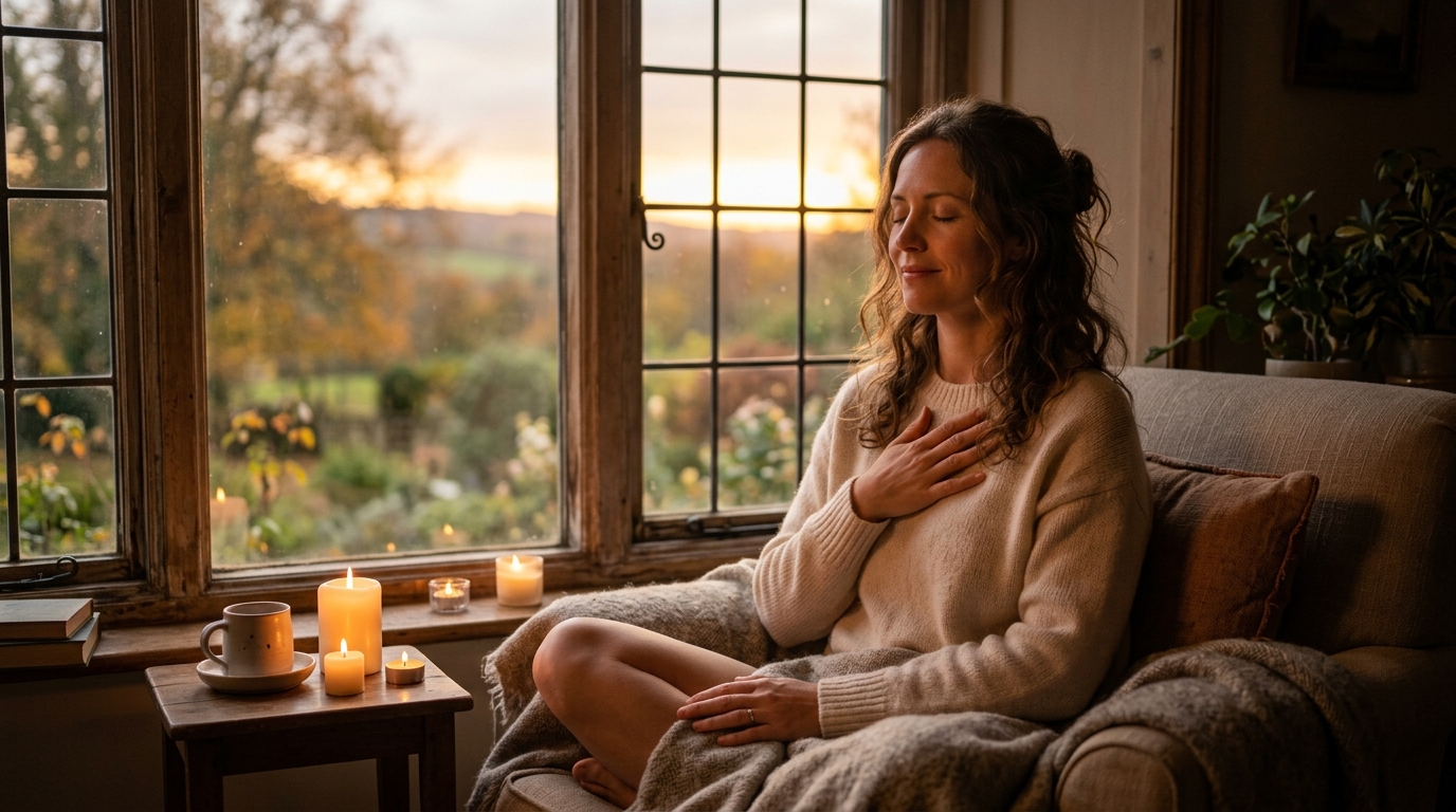 Personne apaisée faisant confiance à son instinct au coucher du soleil