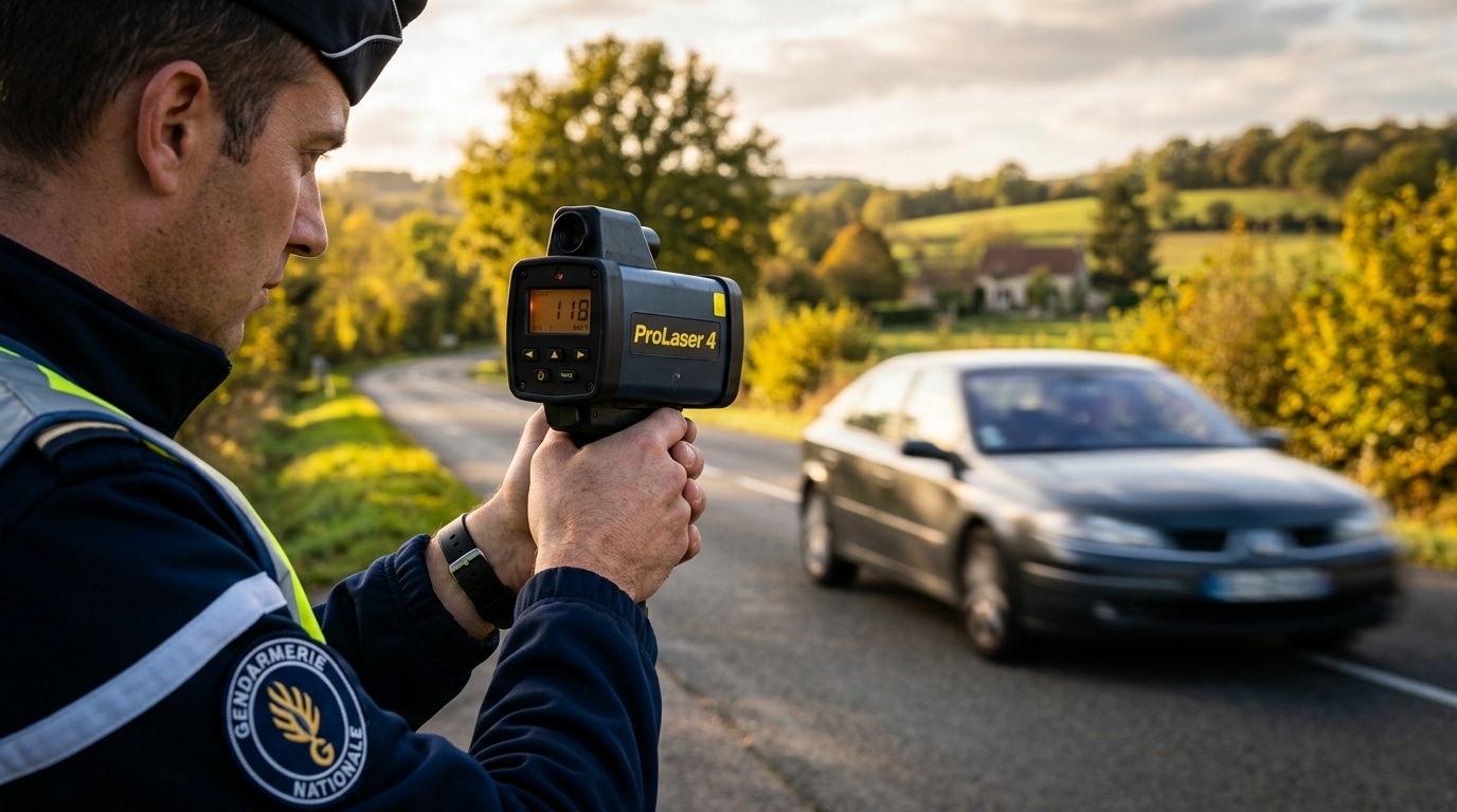 Radar de gendarmerie mesurant la vitesse sur route rurale