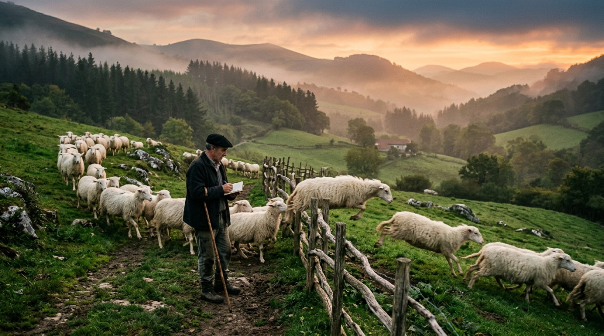 Berger comptant ses moutons dans la campagne basque
