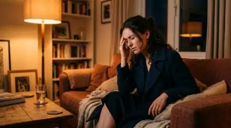 Femme épuisée assise seule après une soirée sociale