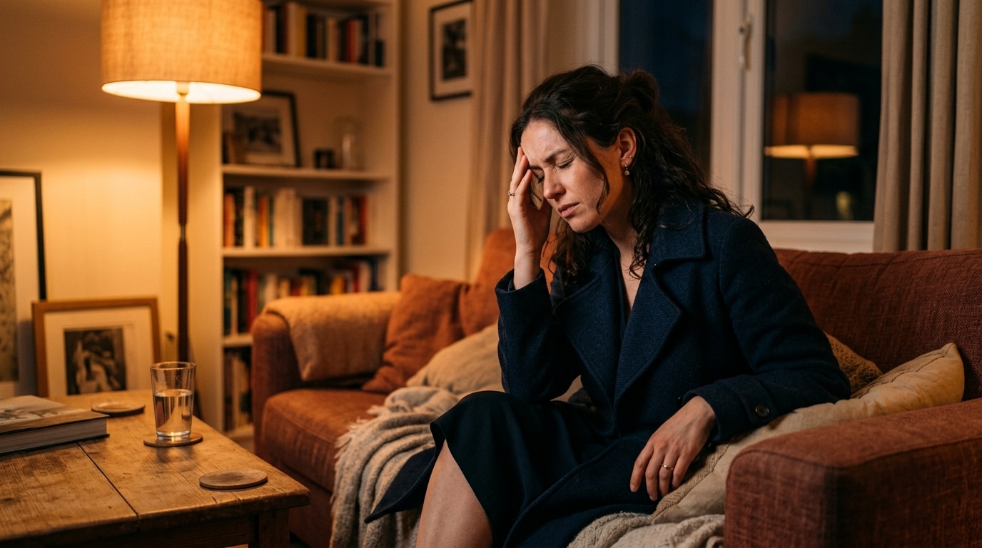 Femme épuisée assise seule après une soirée sociale