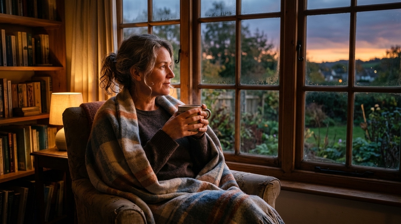 Femme apaisée seule près d'une fenêtre au coucher du soleil