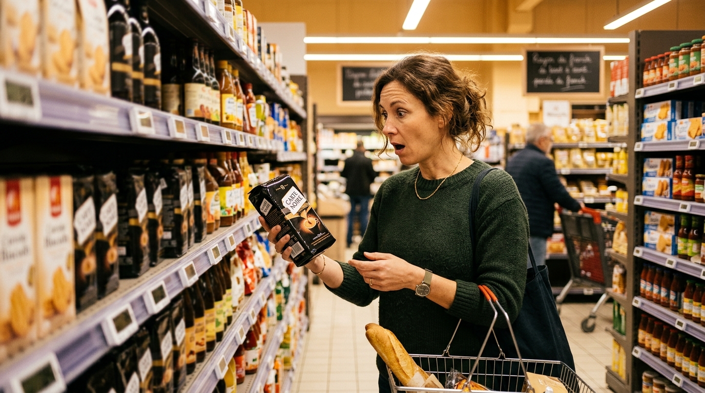 Femme surprise devant le prix du café en supermarché