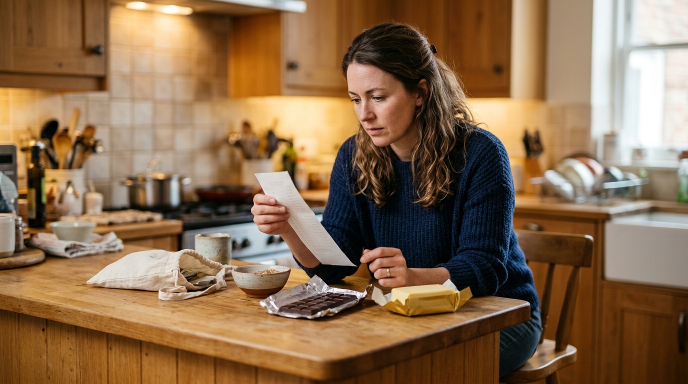 Femme vérifiant son ticket de caisse dans sa cuisine