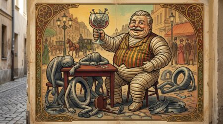 Bibendum levant une coupe de clous et verre brisé