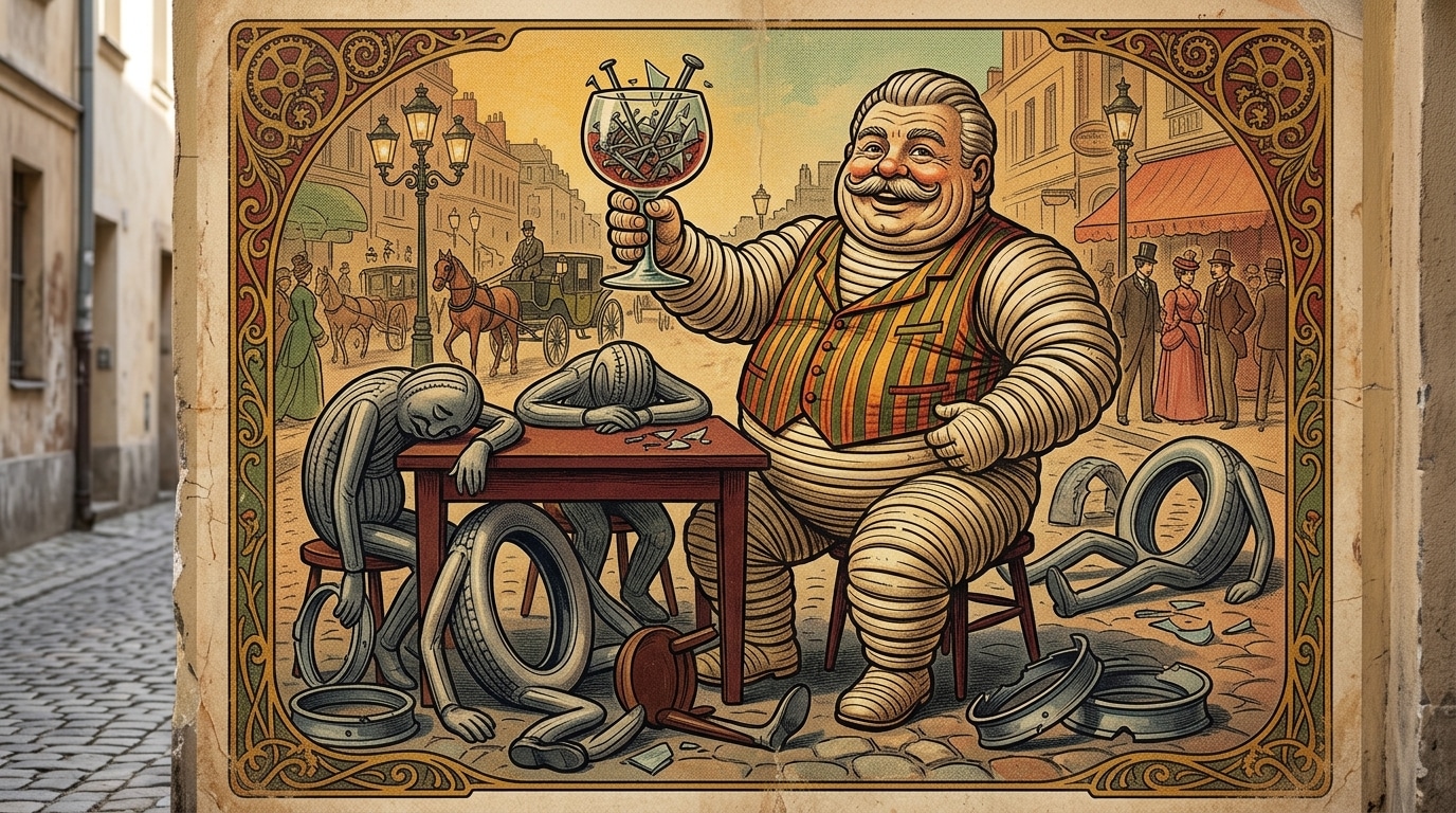 Bibendum levant une coupe de clous et verre brisé