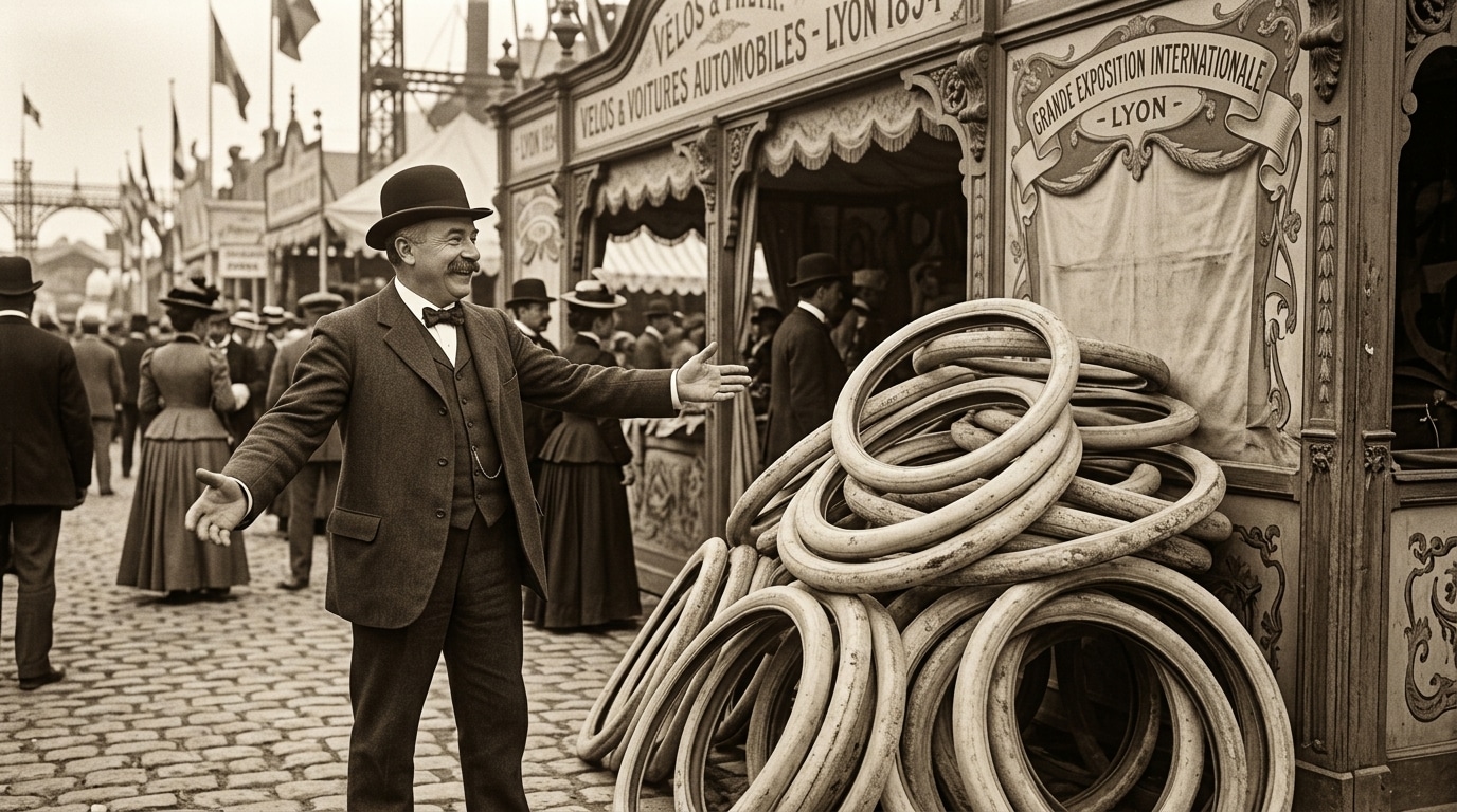 Pile de pneus clairs à l'exposition de Lyon en 1894