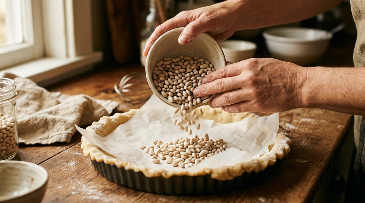 Billes de cuisson versées sur papier cuisson dans un moule à tarte