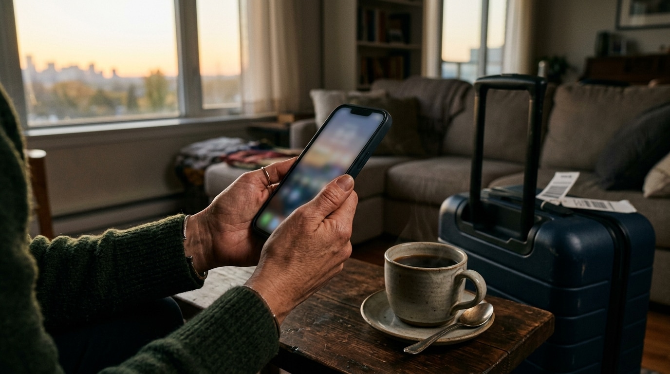Mains tenant un smartphone à l'aube près d'un café