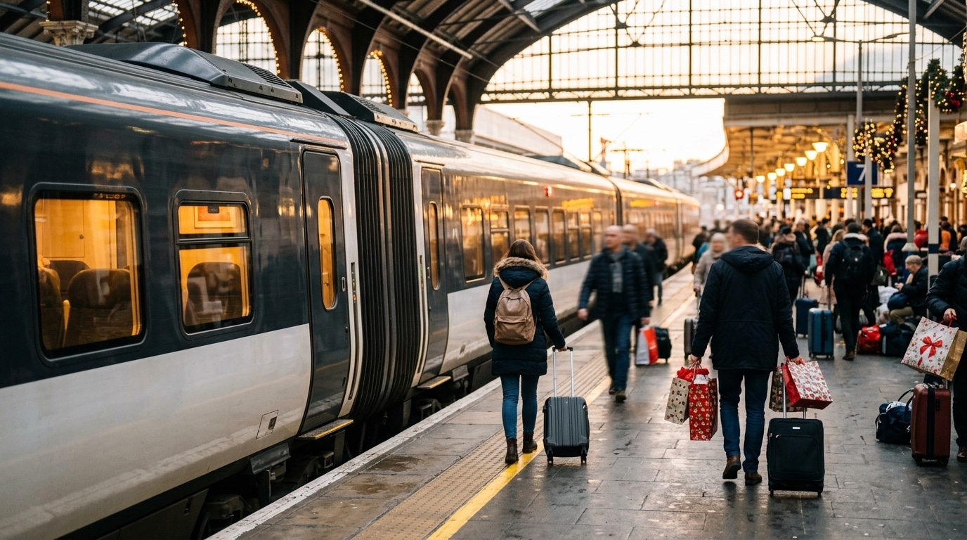 Train à grande vitesse en gare avec voyageurs et valises
