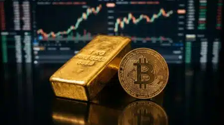 Lingot d'or et pièce bitcoin côte à côte sur fond sombre