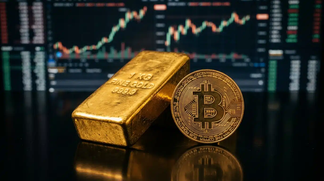 Lingot d'or et pièce bitcoin côte à côte sur fond sombre