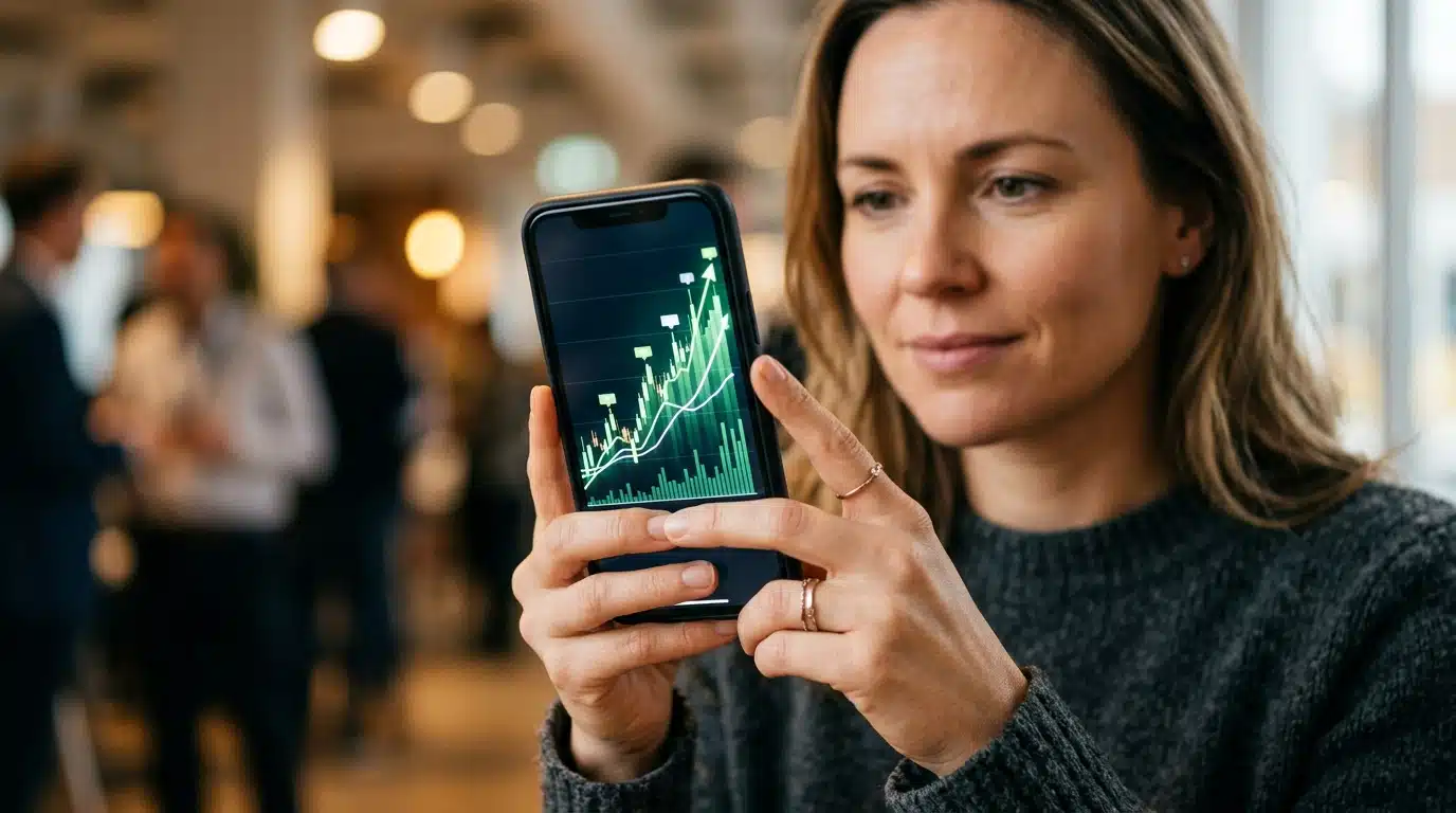 Main tenant un smartphone affichant un graphique boursier