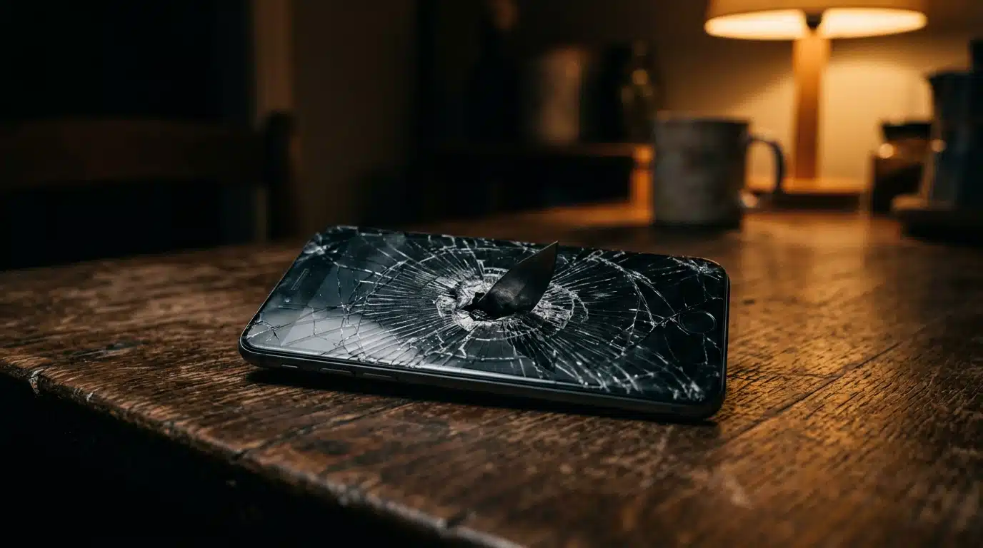 Téléphone portable fissuré transpercé par une lame