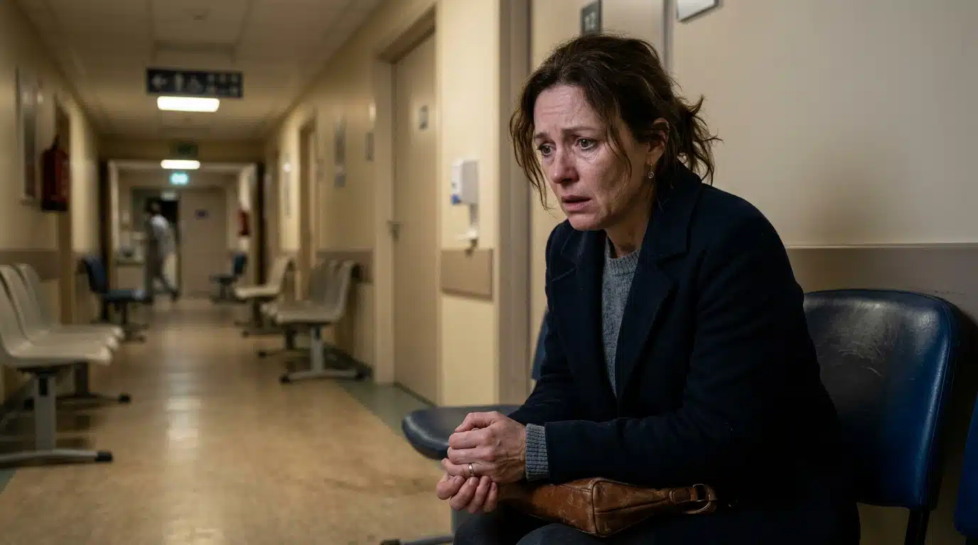 Femme choquée assise dans un couloir d'hôpital