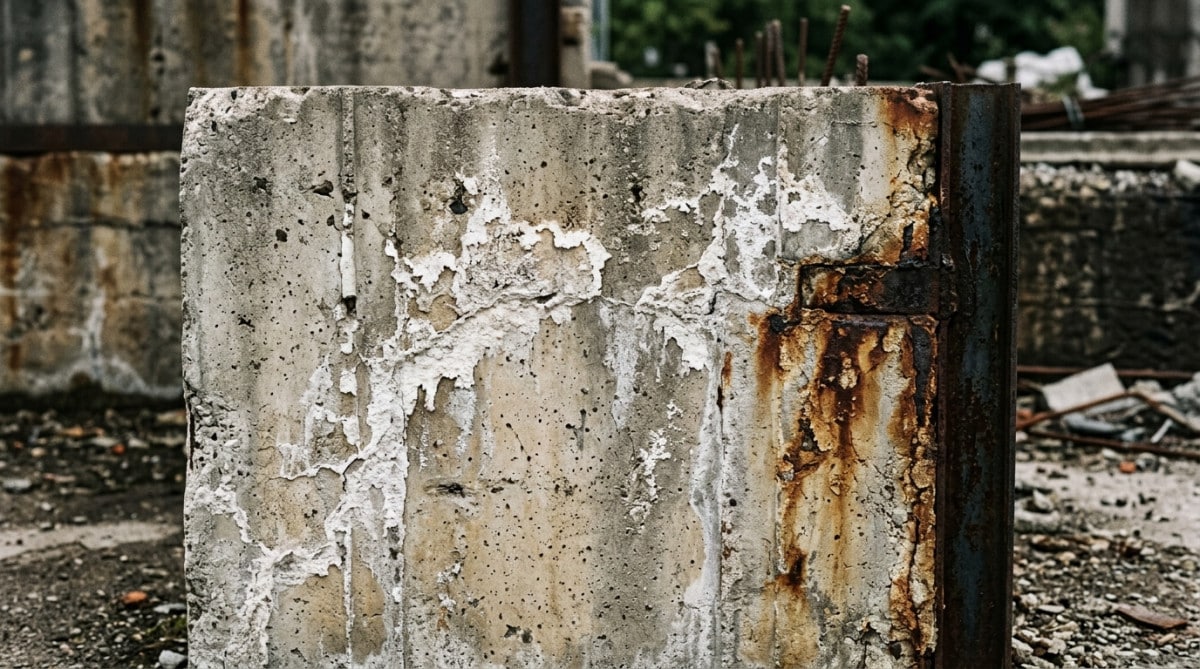Bloc de béton rongé par des dépôts minéraux blancs