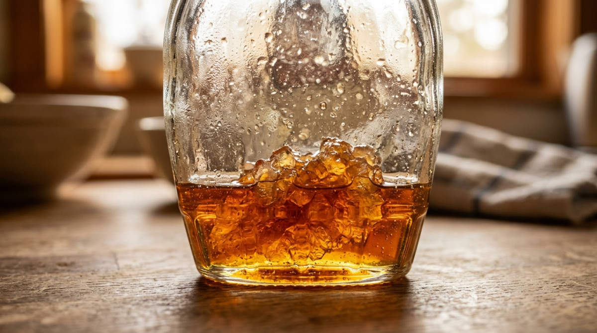 Bloc de sucre cristallisé au fond d'une bouteille de sirop