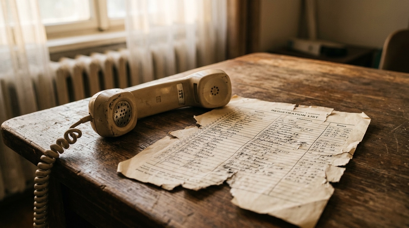 Téléphone fixe ancien posé près d'un document déchiré