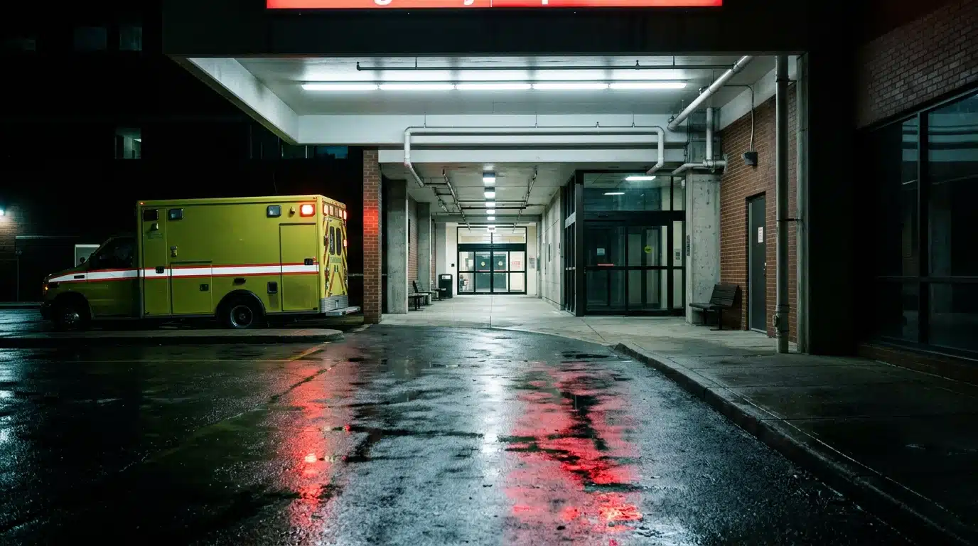 Entrée des urgences d'un hôpital de nuit