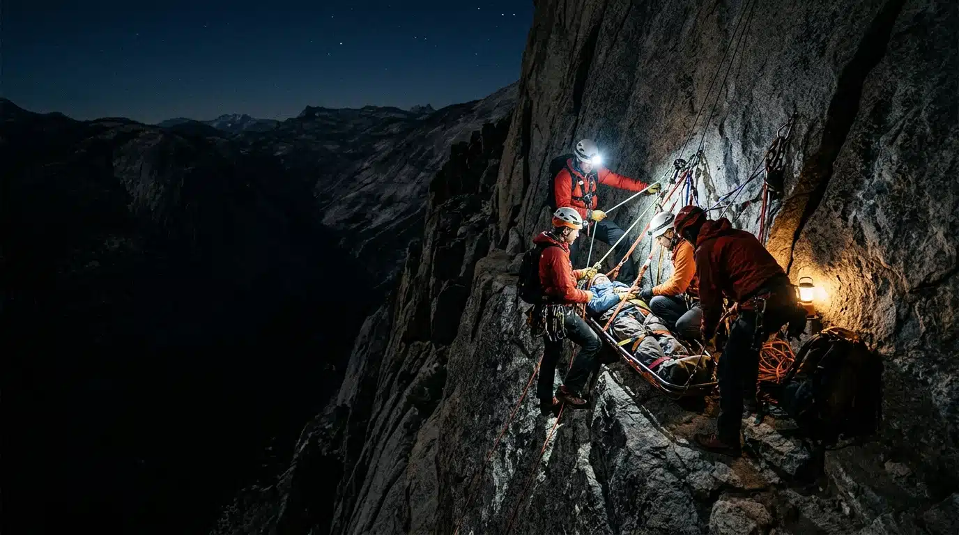 Corniche rocheuse étroite éclairée de nuit en montagne
