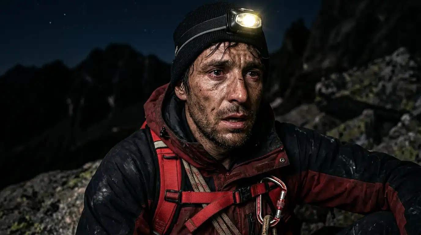 Visage d'un alpiniste épuisé après son sauvetage nocturne