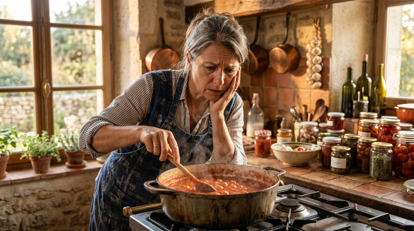 Femme inquiète surveillant la cuisson de bocaux de tomates