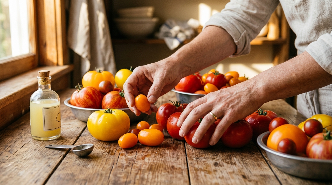 Tri de tomates jaunes et rouges avant mise en bocal