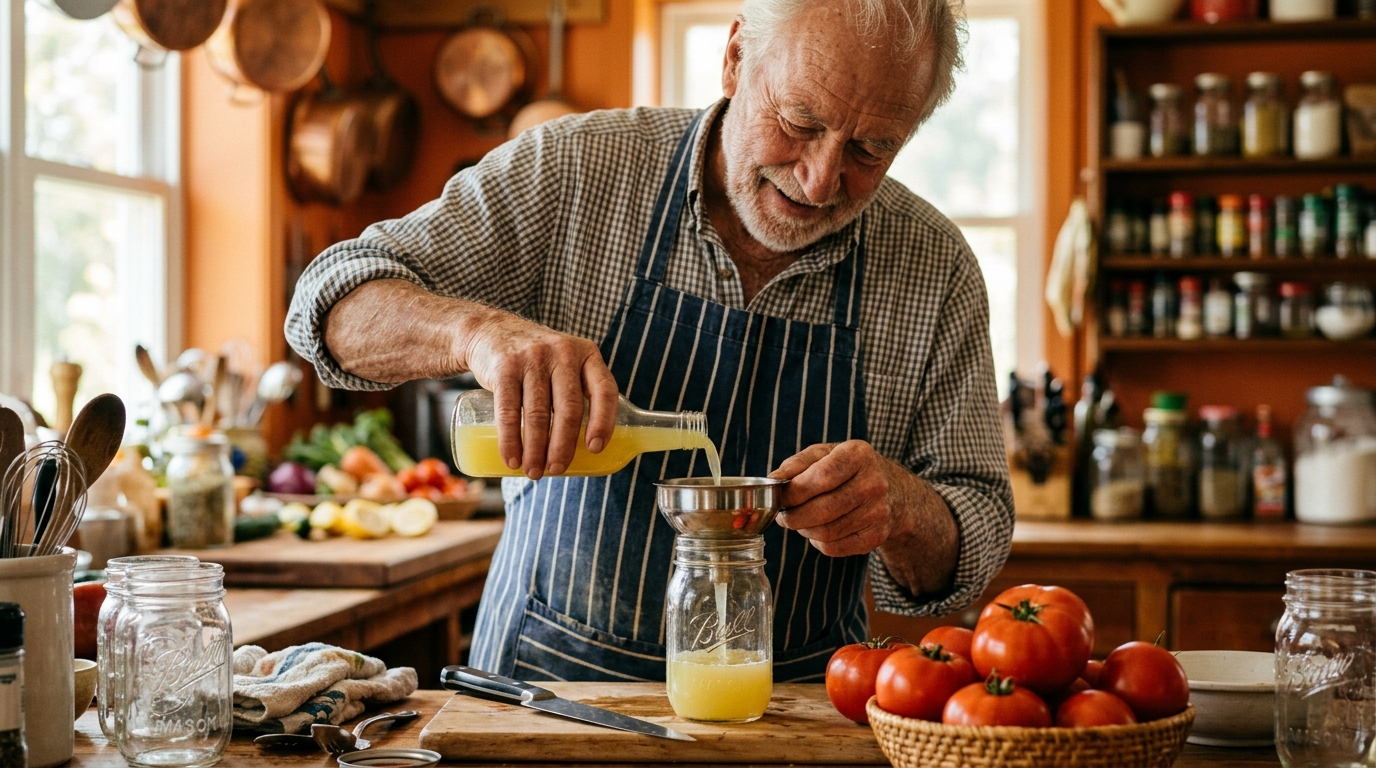Homme versant du jus de citron dans un bocal avec entonnoir