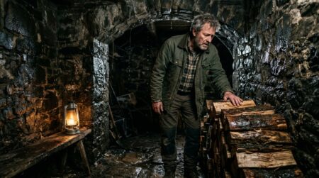 Homme inquiet près de bois humide en cave sombre
