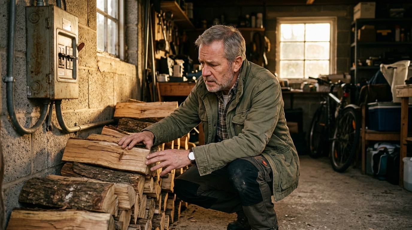 Homme inquiet vérifiant le bois près du compteur électrique