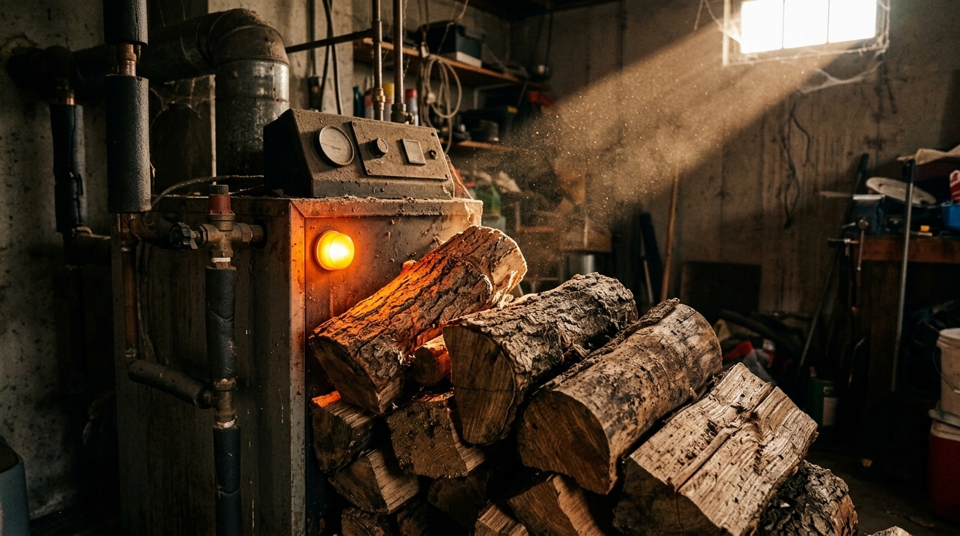Bûches de bois empilées contre une chaudière de garage